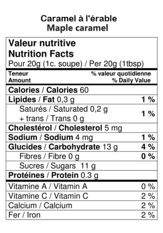 Valeur nutritive caramel erable / 20g  Sucrerie Huot Mirabel Quebec Canada