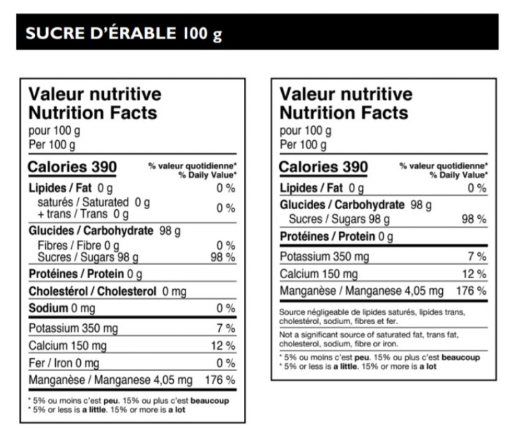 Valeur nutritive sucre d erable / 100g  Sucrerie Huot Mirabel Quebec Canada