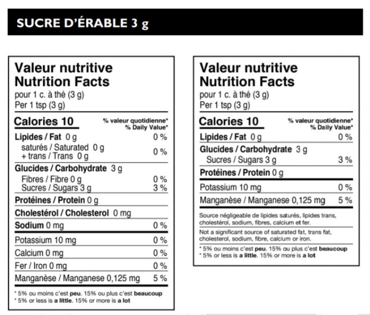 Valeur nutritive sucre d erable / 3g  Sucrerie Huot Mirabel Quebec Canada