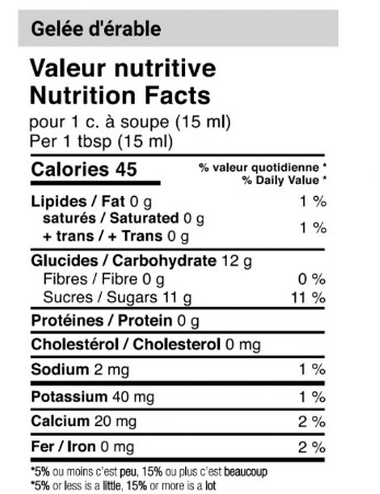 Valeur nutritive gelee erable / 15ml  Sucrerie Huot Mirabel Quebec Canada