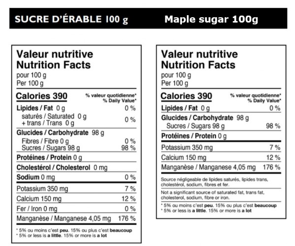 Nutritive maples sugar / 100g  Sucrerie Huot Mirabel Quebec Canada